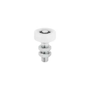 Rodillo guía de nylon blanco con perno ajustable para portón corredizo.